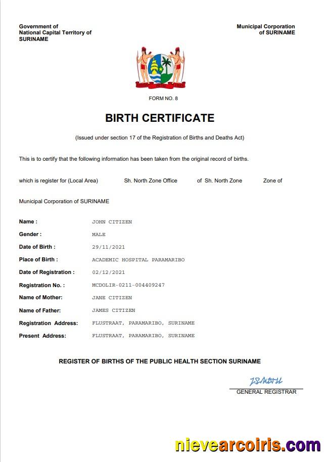 Suriname vital record birth certificate